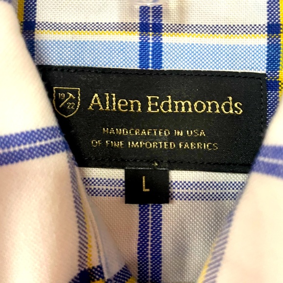 Allen Edmonds White Blue Yellow Plaid Cotton Classic Button Down Shirt Men’s LG - Picture 3 of 6